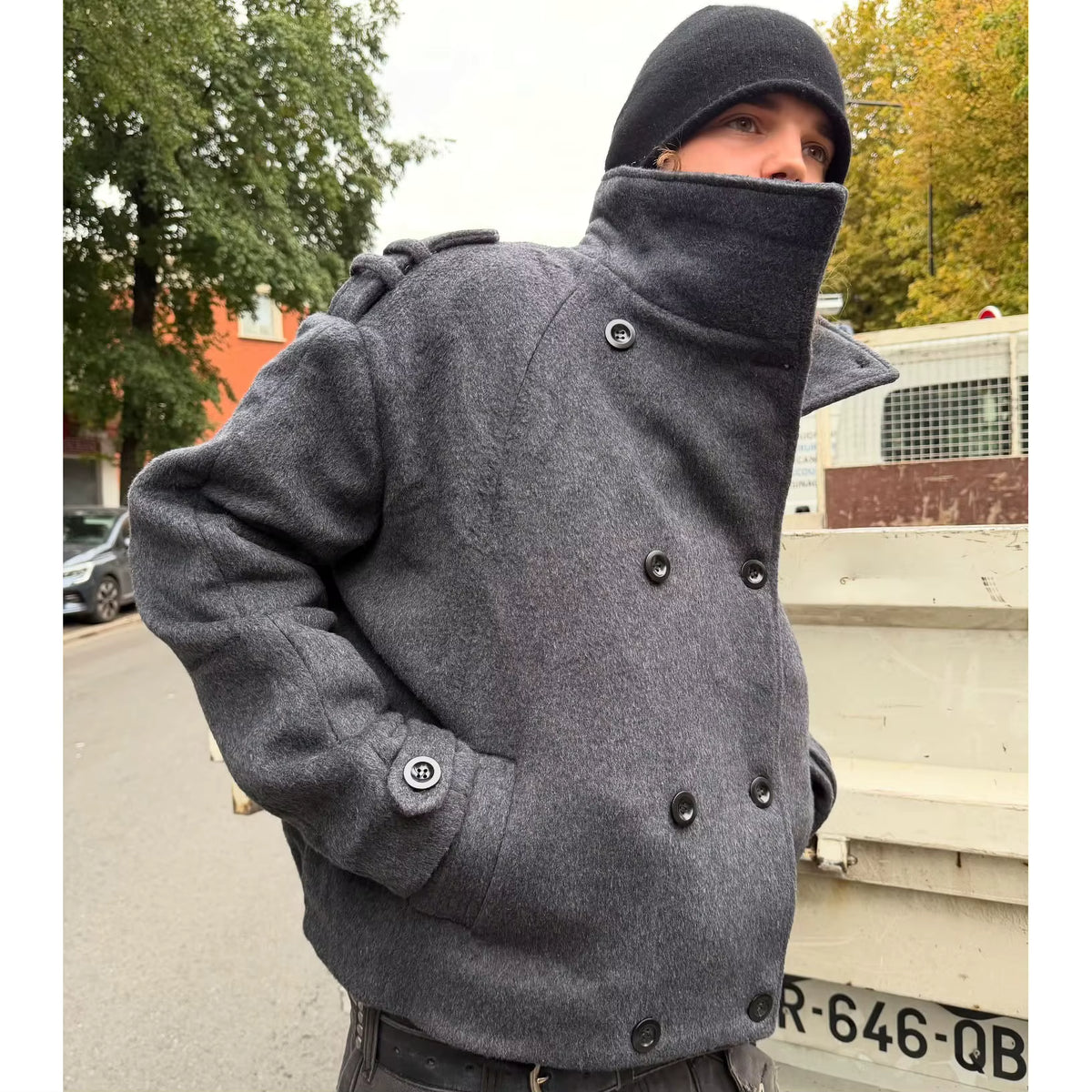 Wool Blend Short Coat | Men Peacoat | Oversize Double Breasted Stand Collar Winter | Steven & Levon