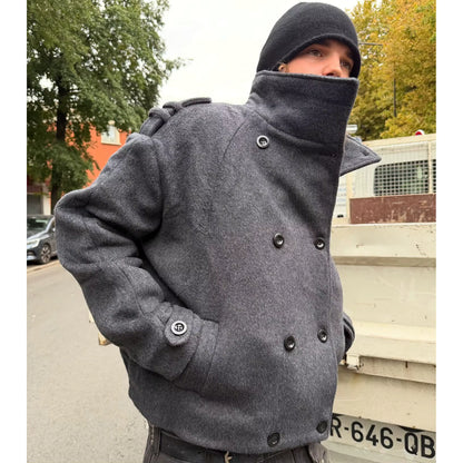 Wool Blend Short Coat | Men Peacoat | Oversize Double Breasted Stand Collar Winter | Steven & Levon