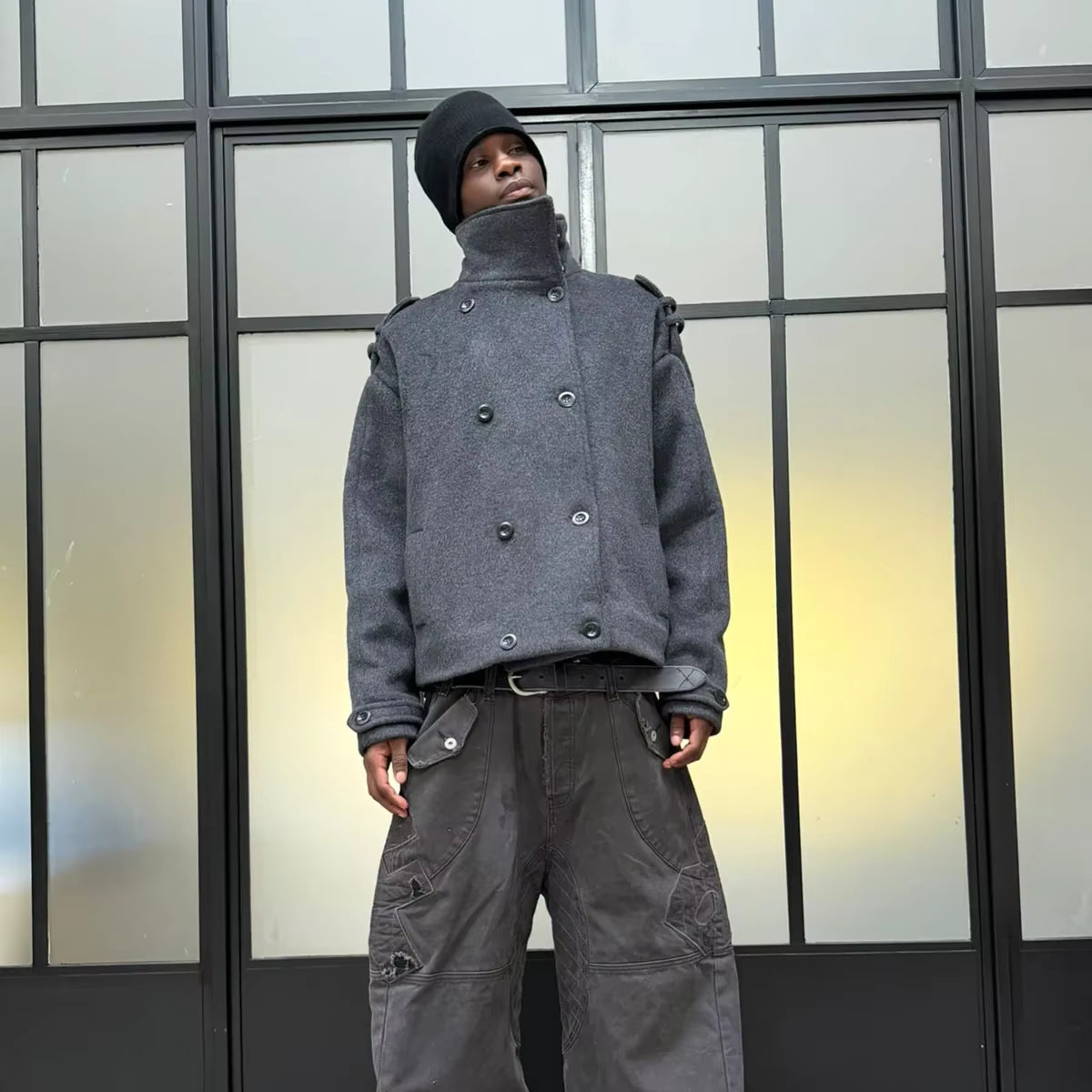 Wool Blend Short Coat | Men Peacoat | Oversize Double Breasted Stand Collar Winter | Steven & Levon