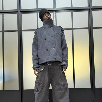 Wool Blend Short Coat | Men Peacoat | Oversize Double Breasted Stand Collar Winter | Steven & Levon