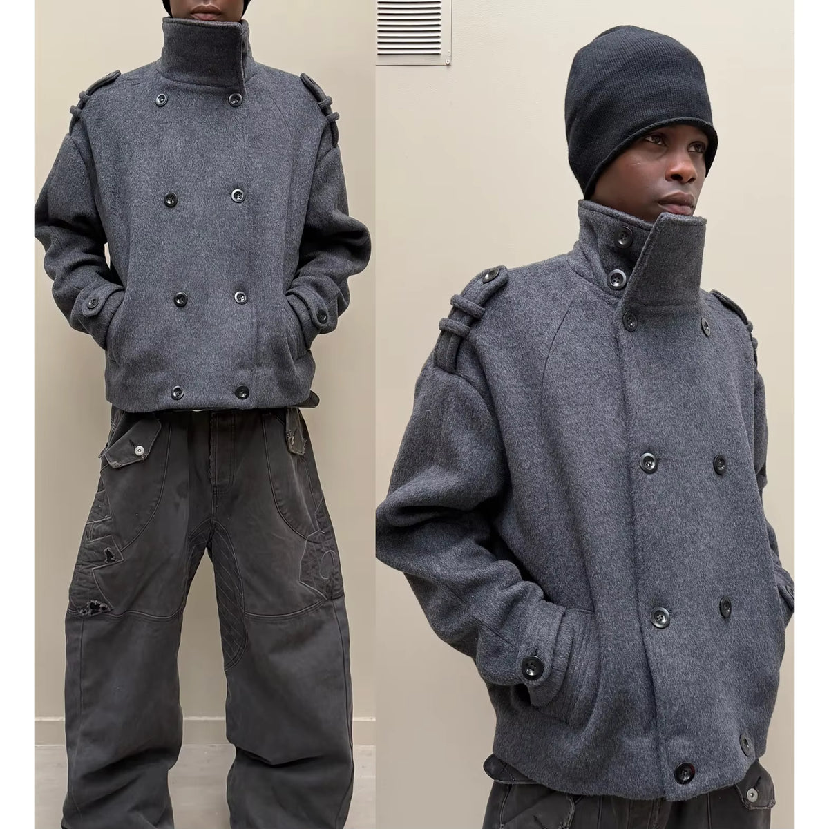 Wool Blend Short Coat | Men Peacoat | Oversize Double Breasted Stand Collar Winter | Steven & Levon