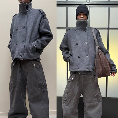 Wool Blend Short Coat | Men Peacoat | Oversize Double Breasted Stand Collar Winter | Steven & Levon