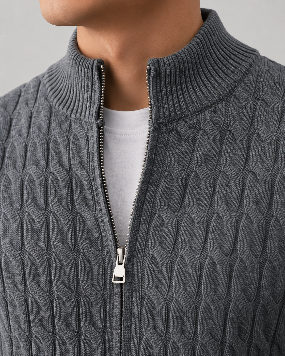 Men's Cable Knit Zip Cardigan | Stand Collar | Regular Fit | Warm Knit Sweater | Steven & Levon