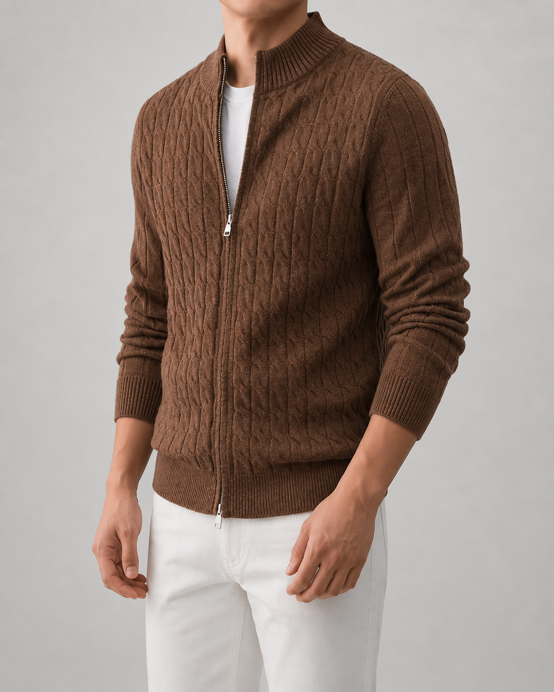 Men's Cable Knit Zip Cardigan | Stand Collar | Regular Fit | Warm Knit Sweater | Steven & Levon