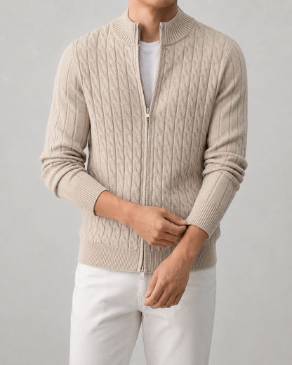 Men's Cable Knit Zip Cardigan | Stand Collar | Regular Fit | Warm Knit Sweater | Steven & Levon