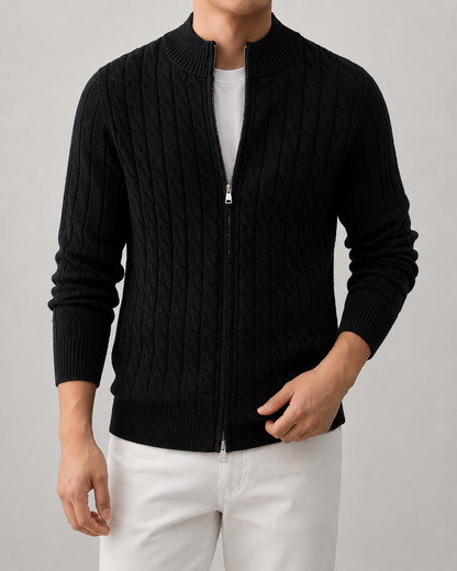 Men's Cable Knit Zip Cardigan | Stand Collar | Regular Fit | Warm Knit Sweater | Steven & Levon