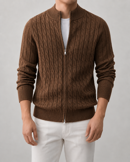 Men's Cable Knit Zip Cardigan | Stand Collar | Regular Fit | Warm Knit Sweater | Steven & Levon