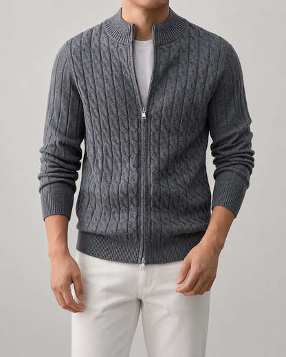 Men's Cable Knit Zip Cardigan | Stand Collar | Regular Fit | Warm Knit Sweater | Steven & Levon