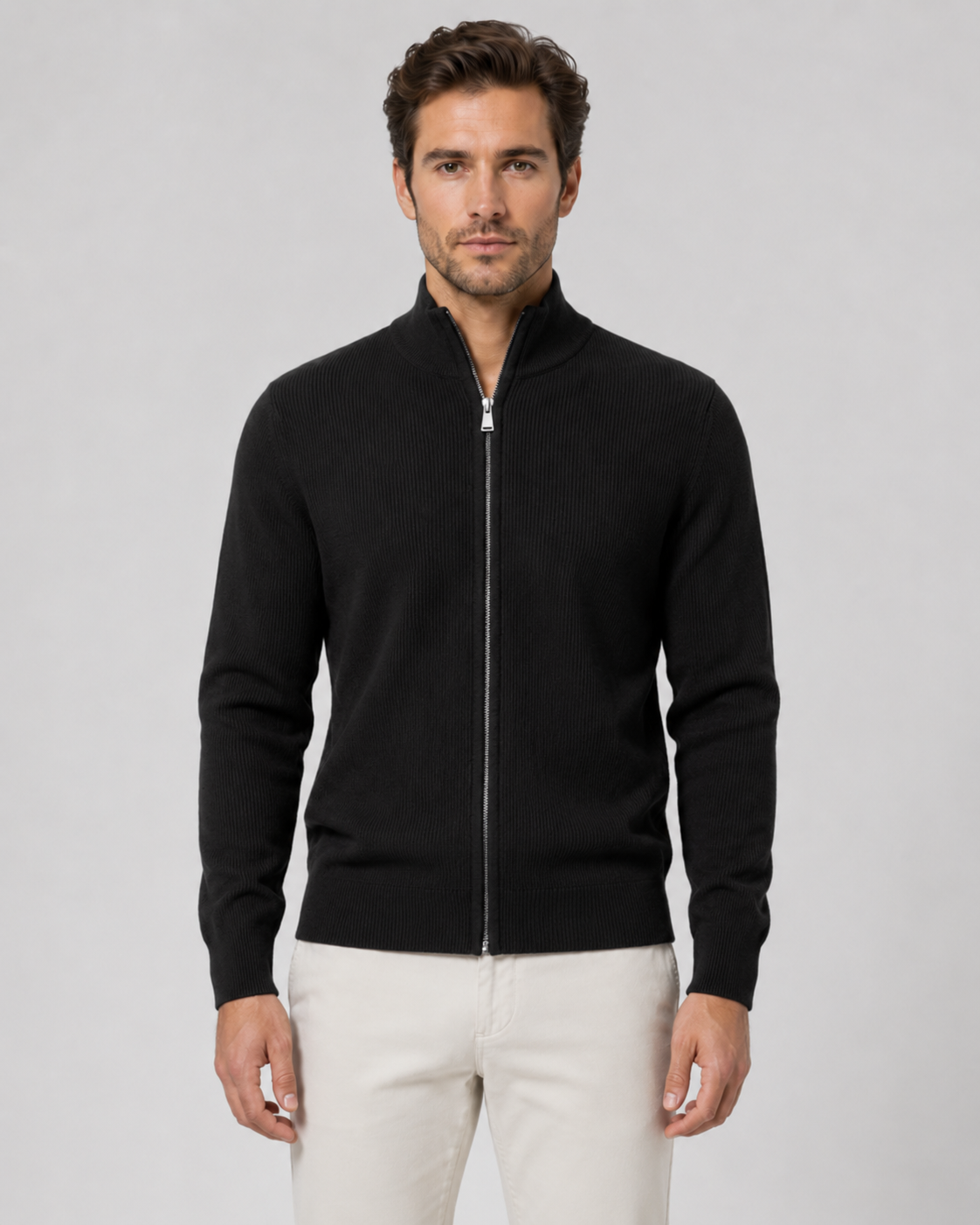 Men's Full Zip Knit Cardigan | Stand Collar | Soft Knit | Long Sleeve | Smart Casual | Steven & Levon