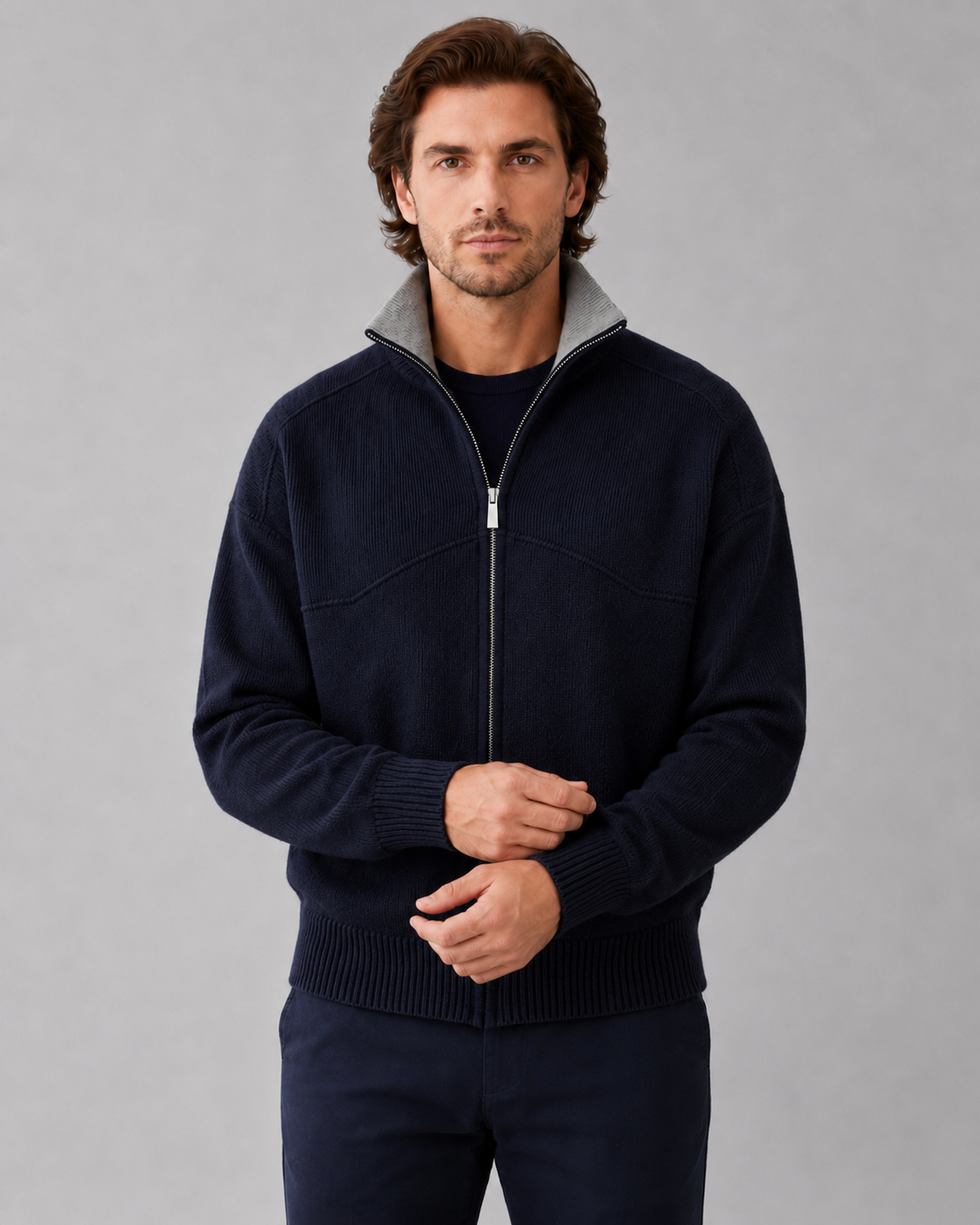 Men's Full Zip Knit Cardigan | Stand Collar | Soft Knit Sweater | Long Sleeve | Smart Casual | Steven & Levon