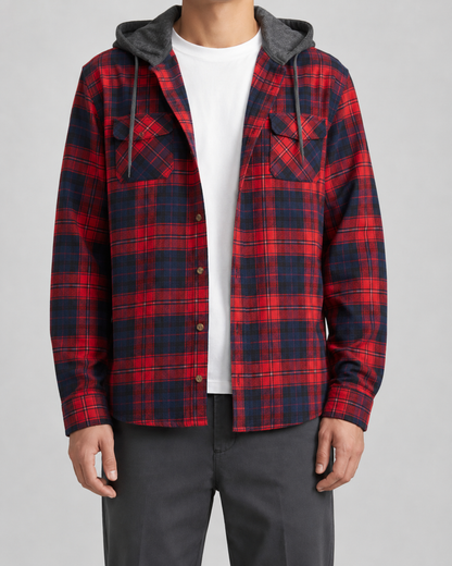 Men's Hooded Check Overshirt | Relaxed Fit | Button Up Shirt Jacket | Casual Layer | Steven & Levon