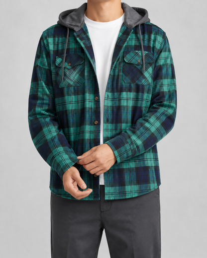 Men's Hooded Check Overshirt | Relaxed Fit | Button Up Shirt Jacket | Casual Layer | Steven & Levon