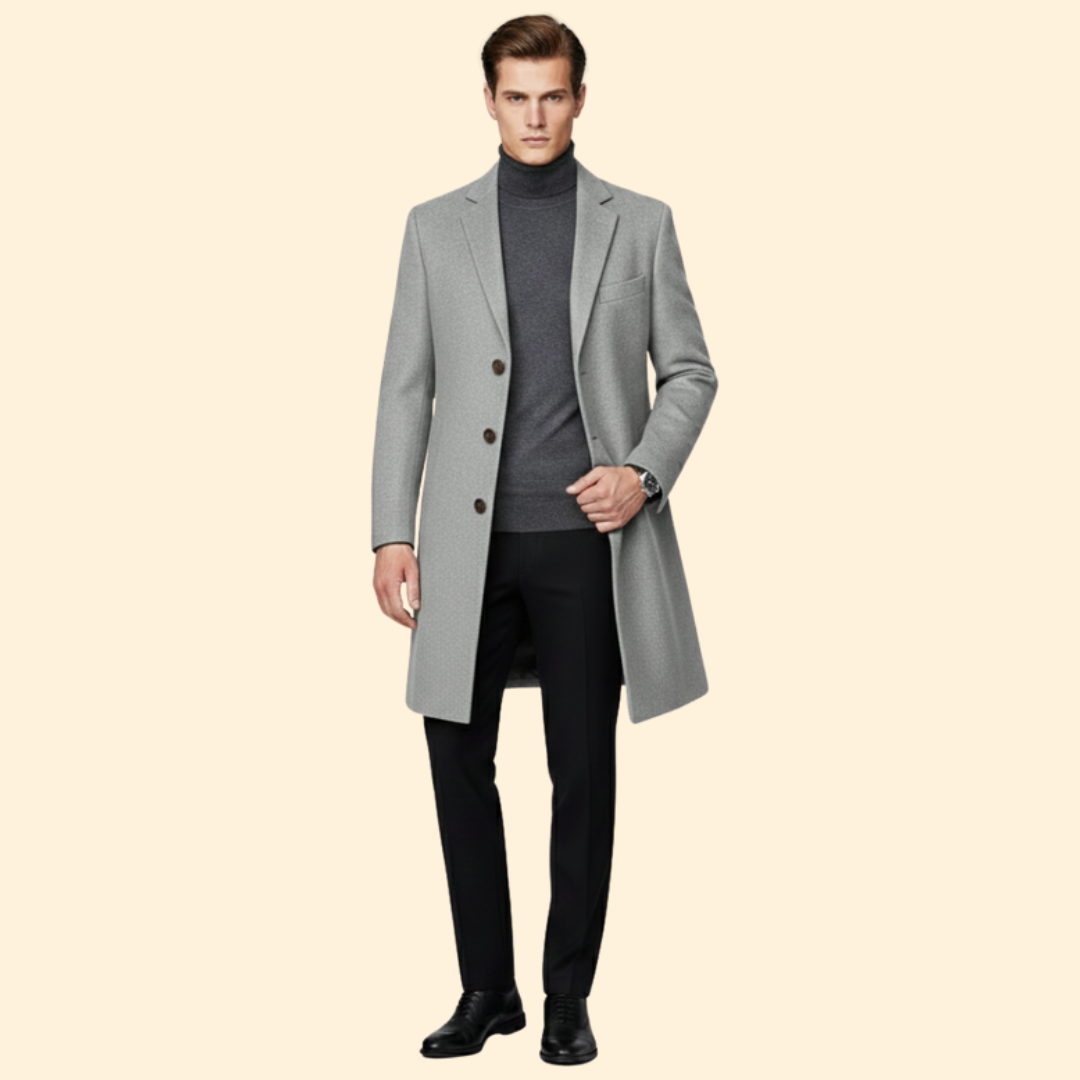 Men's Modern Fit Long Coat | Tailored Overcoat | Smart Casual Style | Steven & Levon