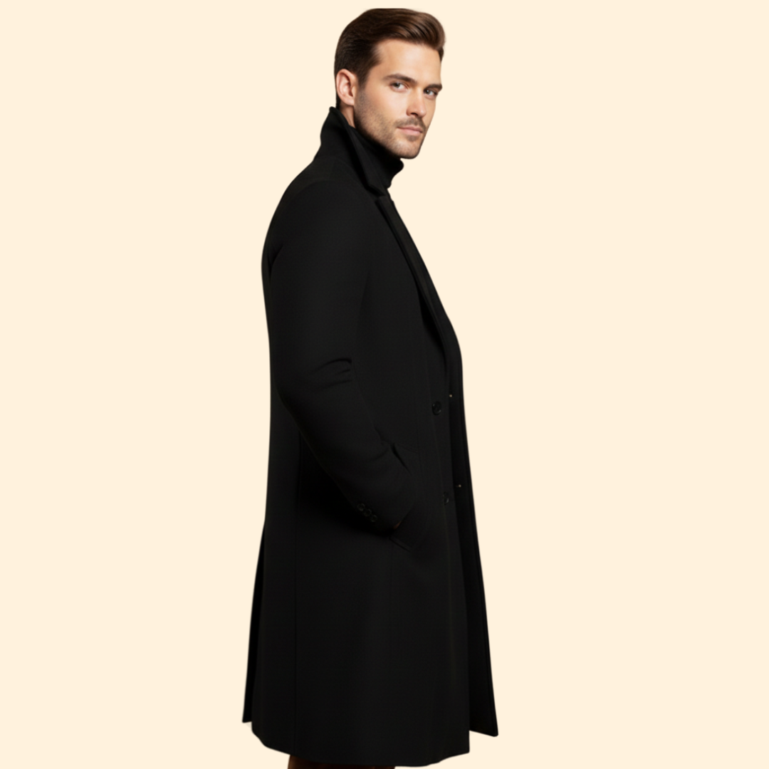 Men's Notched Collar Long Coat | Tailored Fit | Smart Casual Overcoat | Steven & Levon