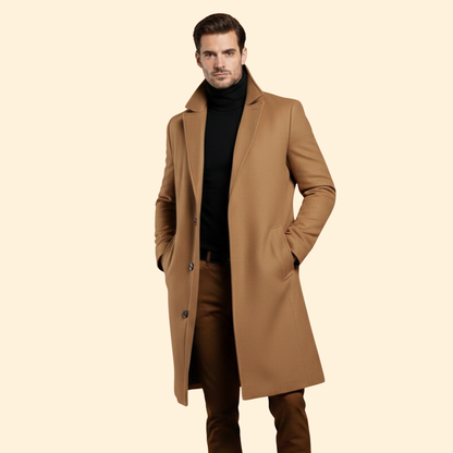 Men's Notched Collar Long Coat | Tailored Fit | Smart Casual Overcoat | Steven & Levon