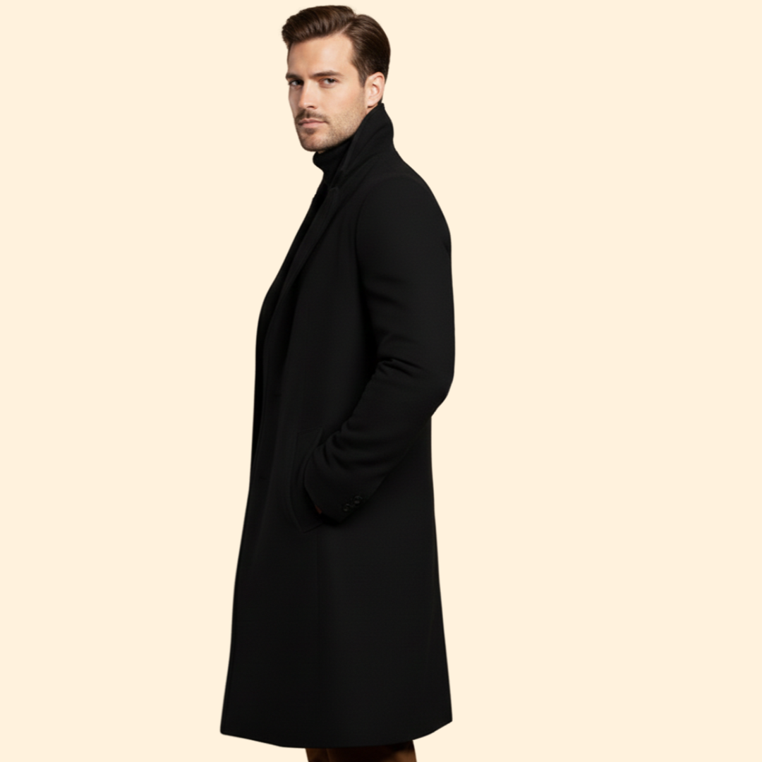 Men's Notched Collar Long Coat | Tailored Fit | Smart Casual Overcoat | Steven & Levon