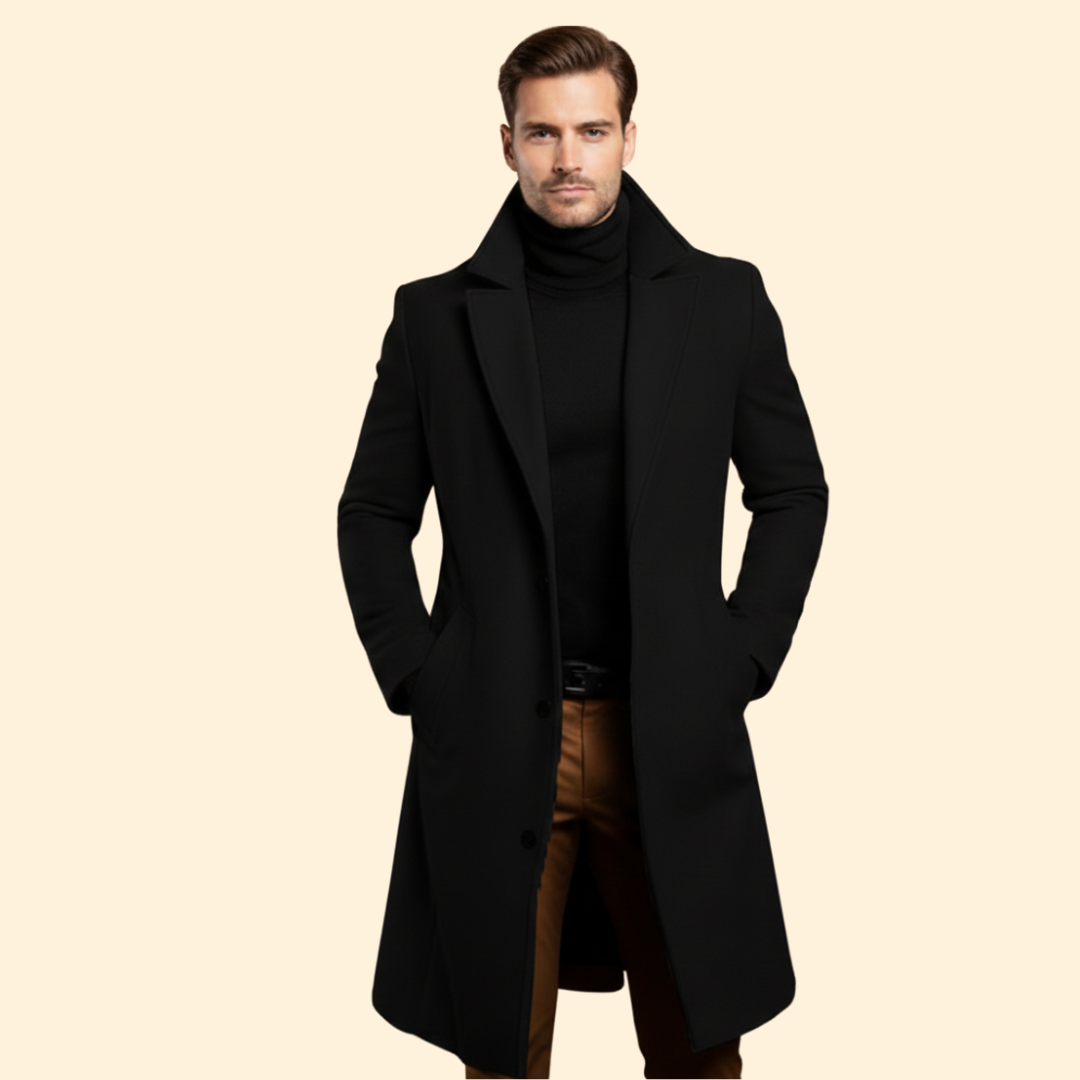 Men's Notched Collar Long Coat | Tailored Fit | Smart Casual Overcoat | Steven & Levon