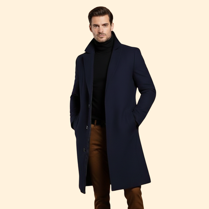 Men's Notched Collar Long Coat | Tailored Fit | Smart Casual Overcoat | Steven & Levon