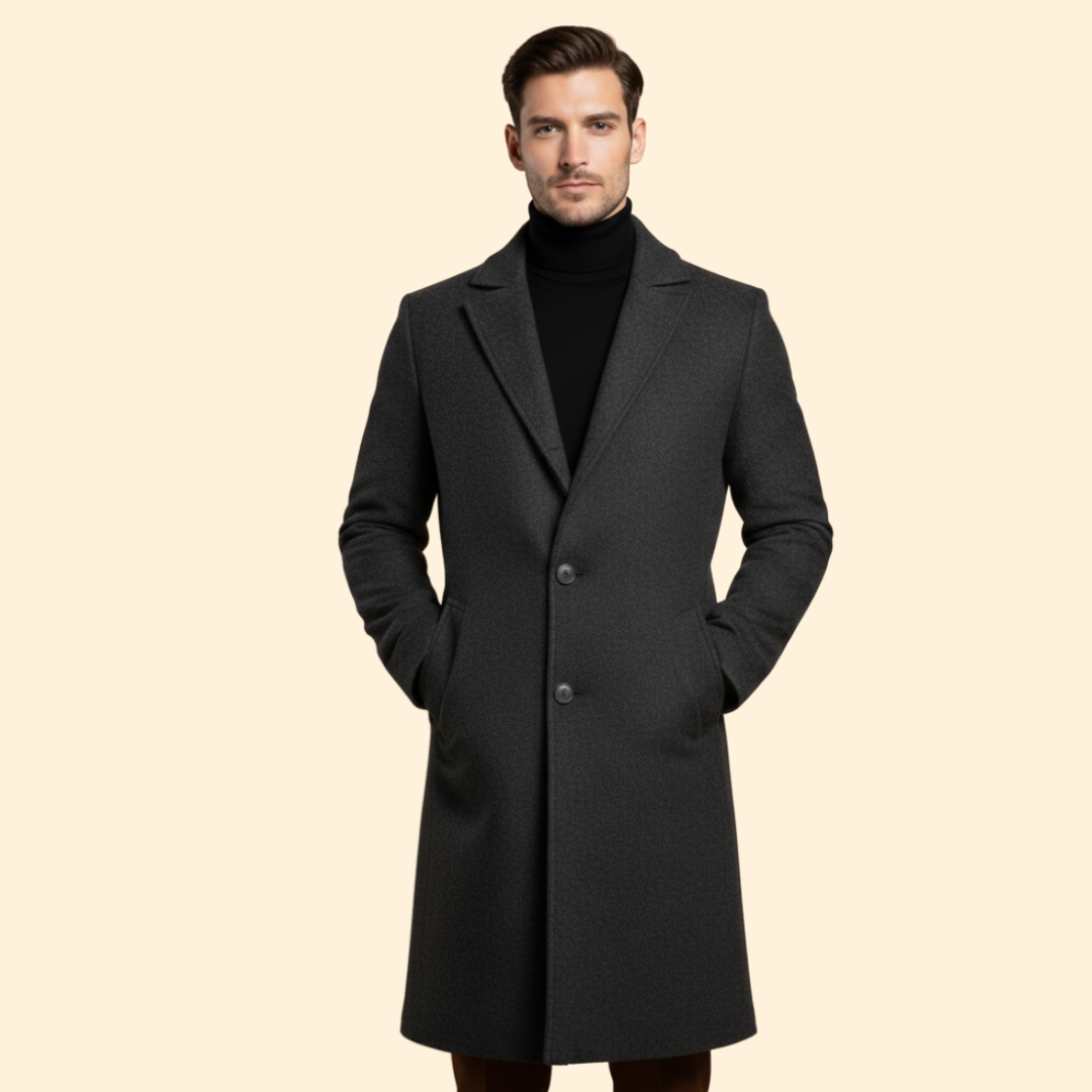 Men's Notched Collar Long Coat | Tailored Fit | Smart Casual Overcoat | Steven & Levon
