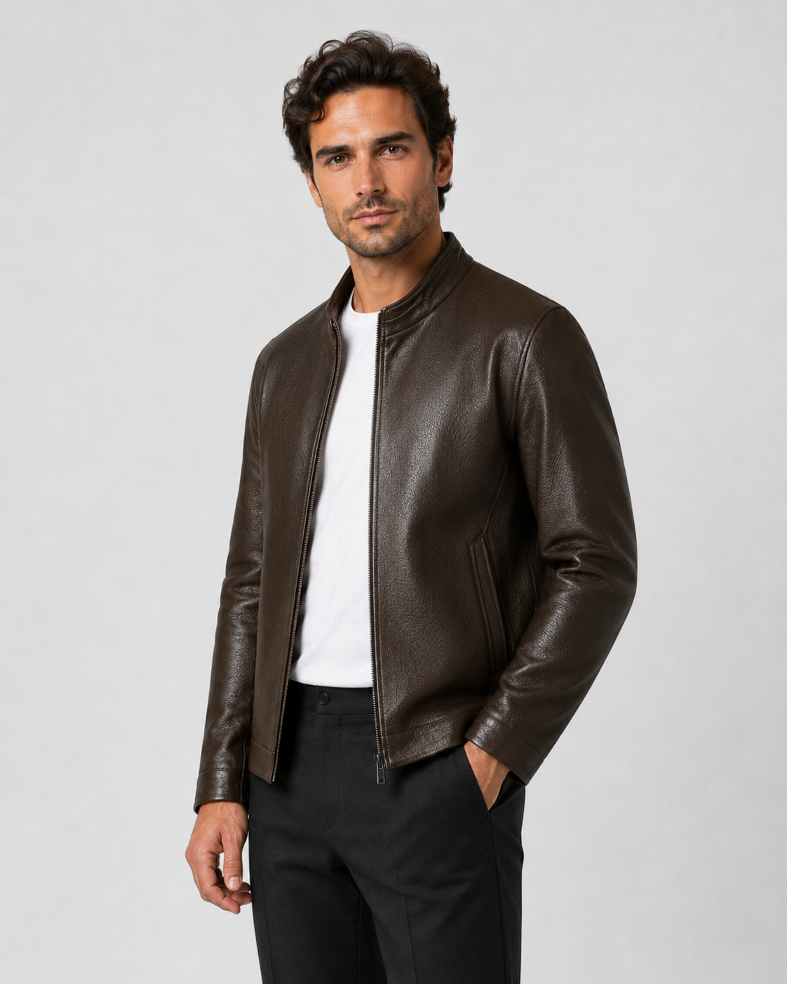 Men's PU Leather Jacket | Stand Collar | Zip Front | Lightweight Biker Style | Steven & Levon