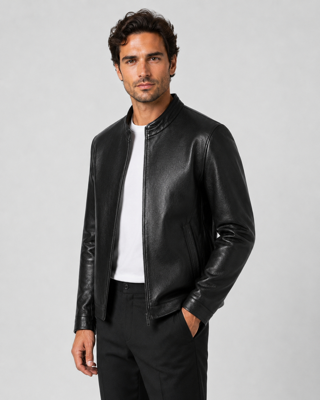 Men's PU Leather Jacket | Stand Collar | Zip Front | Lightweight Biker Style | Steven & Levon