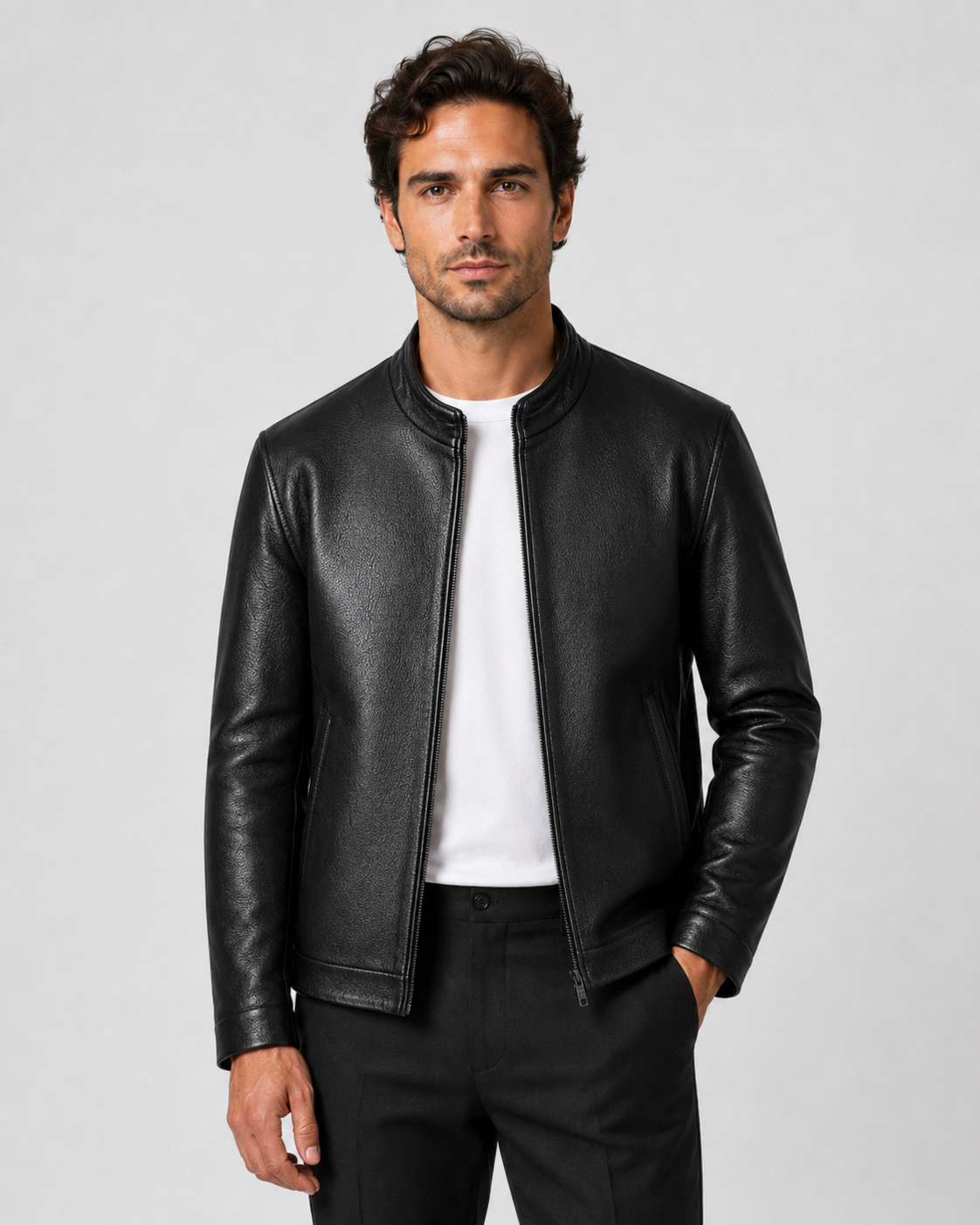 Men's PU Leather Jacket | Stand Collar | Zip Front | Lightweight Biker Style | Steven & Levon