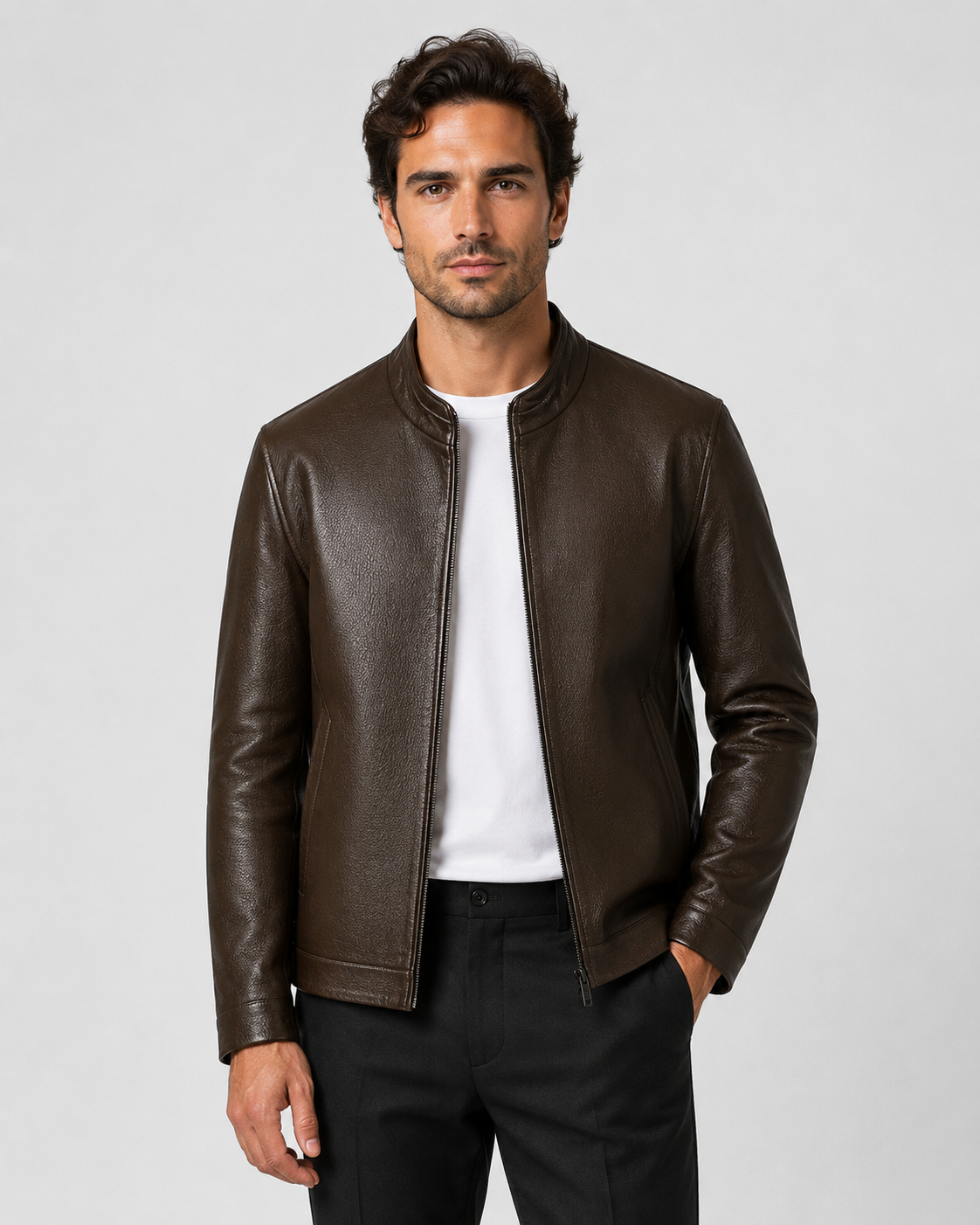 Men's PU Leather Jacket | Stand Collar | Zip Front | Lightweight Biker Style | Steven & Levon