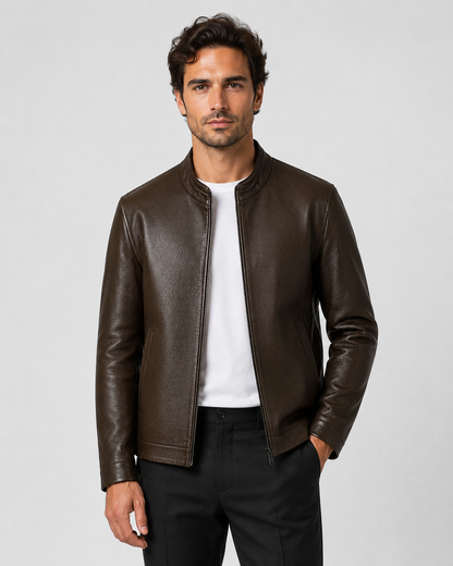 Men's PU Leather Jacket | Stand Collar | Zip Front | Lightweight Biker Style | Steven & Levon