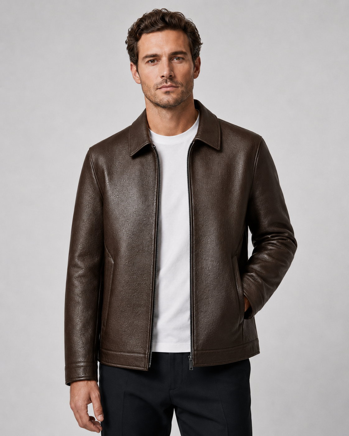 Men's PU Leather Jacket | Classic Collar | Zip Front | Lightweight | Smart Casual Outerwear | Steven & Levon