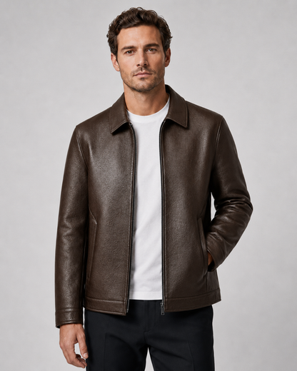 Men's PU Leather Jacket | Classic Collar | Zip Front | Lightweight | Smart Casual Outerwear | Steven & Levon