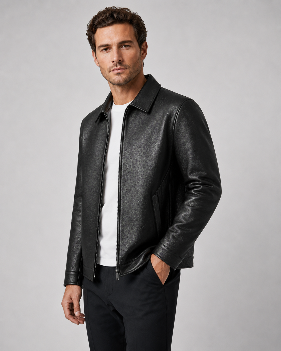 Men's PU Leather Jacket | Classic Collar | Zip Front | Lightweight | Smart Casual Outerwear | Steven & Levon