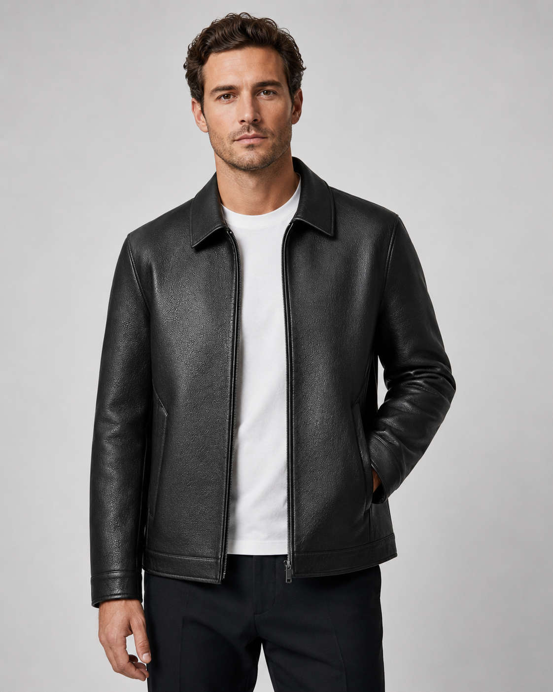 Men's PU Leather Jacket | Classic Collar | Zip Front | Lightweight | Smart Casual Outerwear | Steven & Levon