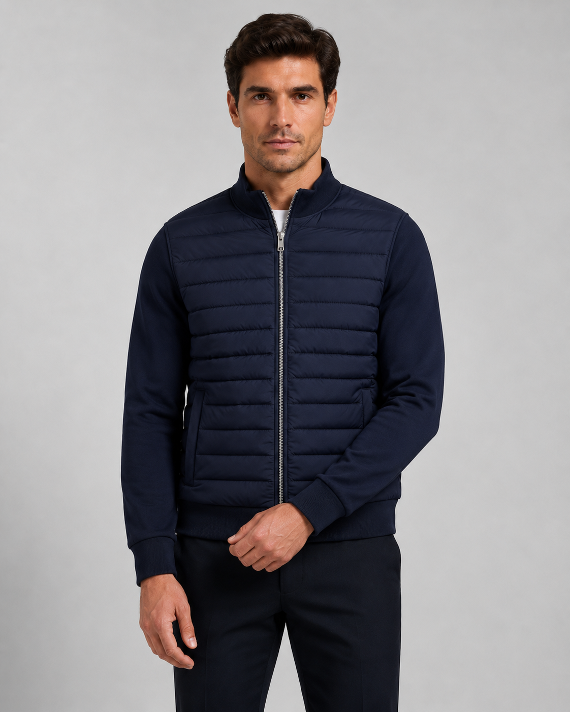 Men's Quilted Hybrid Jacket | Knit Sleeves | Zip Front | Lightweight | Smart Casual | Steven & Levon