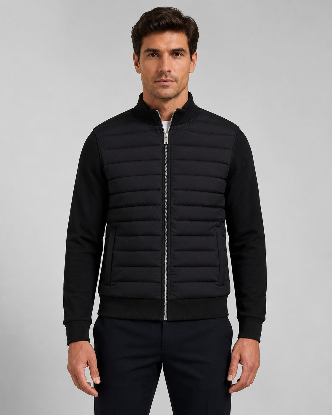 Men's Quilted Hybrid Jacket | Knit Sleeves | Zip Front | Lightweight | Smart Casual | Steven & Levon