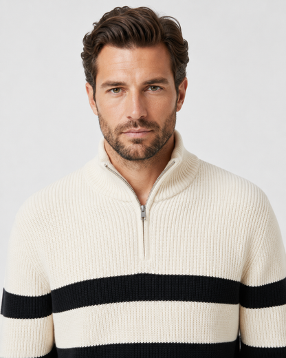 Men's Striped Half Zip Sweater | Ribbed Knit | Mock Neck | Long Sleeve | Soft Knit | Steven & Levon
