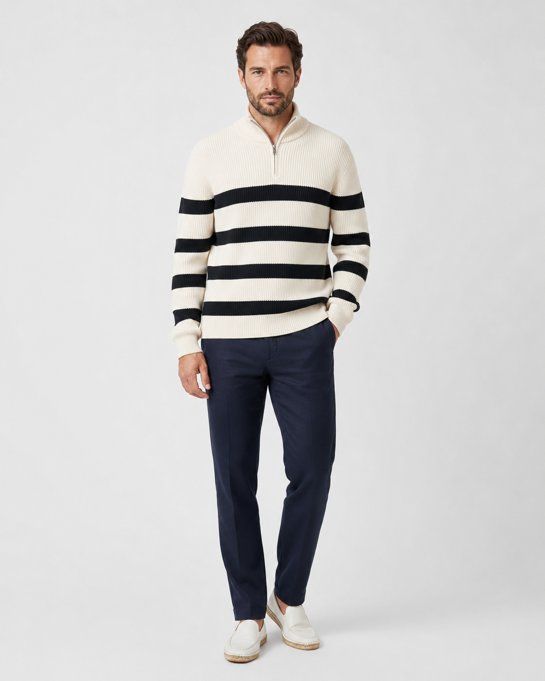 Men's Striped Half Zip Sweater | Ribbed Knit | Mock Neck | Long Sleeve | Soft Knit | Steven & Levon