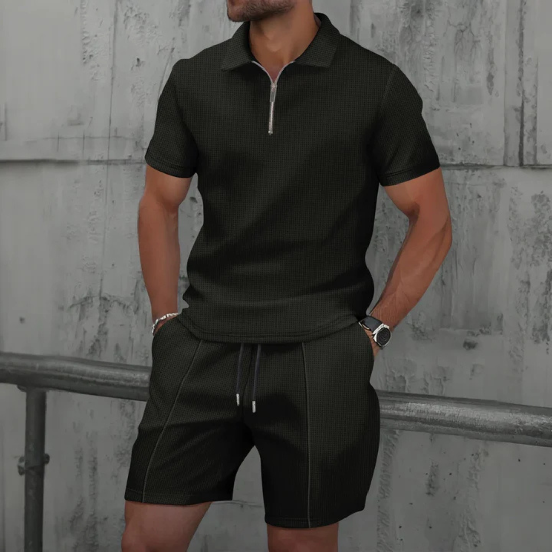 Men’s Co-Ord Set | Polo Shirt & Shorts | Men | Breathable Cotton | Zip Neck & Drawstring Shorts | Steven & Levon