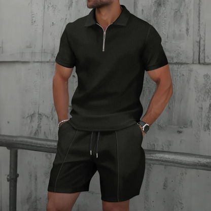 Men’s Co-Ord Set | Polo Shirt & Shorts | Men | Breathable Cotton | Zip Neck & Drawstring Shorts | Steven & Levon