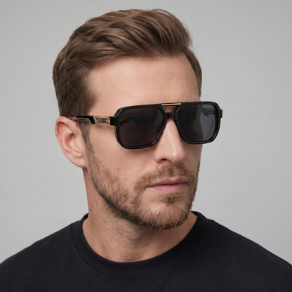 Men's Double-Bridge Aviator Sunglasses | PC Lens | Black Gold Frame | Steven & Levon