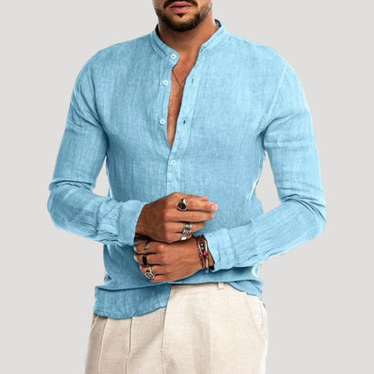 Men's Linen Long Sleeve Shirt | Men | Lightweight Breathable Collarless Button-Up | Casual Relaxed Fit | Steven & Levon