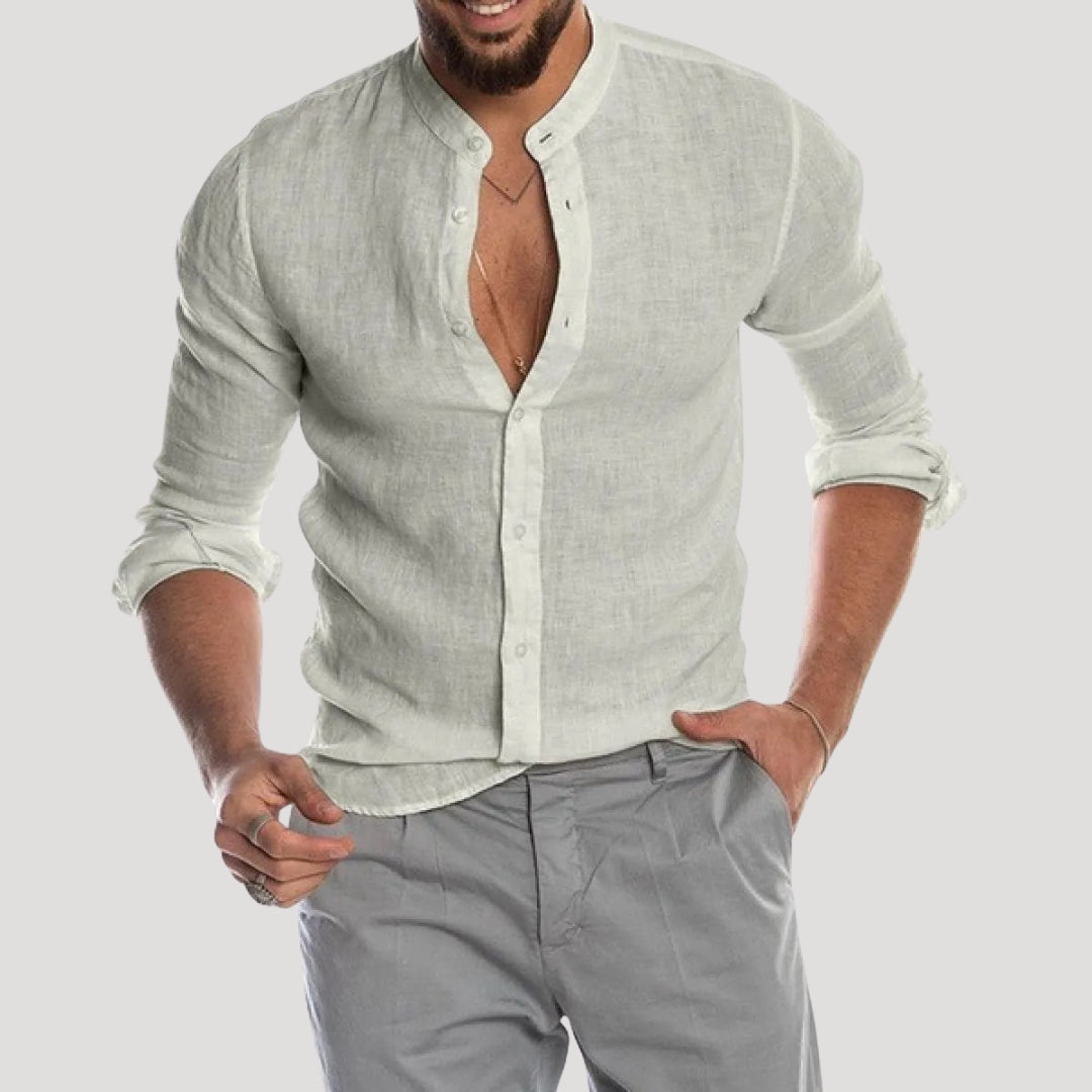 Men's Linen Long Sleeve Shirt | Men | Lightweight Breathable Collarless Button-Up | Casual Relaxed Fit | Steven & Levon