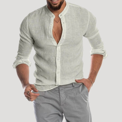 Men's Linen Long Sleeve Shirt | Men | Lightweight Breathable Collarless Button-Up | Casual Relaxed Fit | Steven & Levon