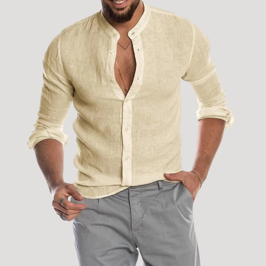 Men's Linen Long Sleeve Shirt | Men | Lightweight Breathable Collarless Button-Up | Casual Relaxed Fit | Steven & Levon