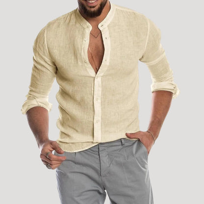 Men's Linen Long Sleeve Shirt | Men | Lightweight Breathable Collarless Button-Up | Casual Relaxed Fit | Steven & Levon