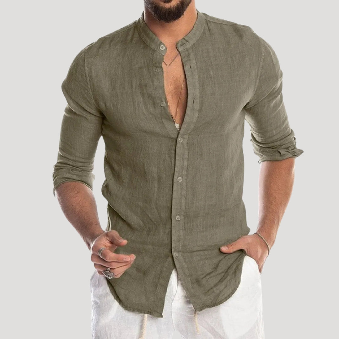 Men's Linen Long Sleeve Shirt | Men | Lightweight Breathable Collarless Button-Up | Casual Relaxed Fit | Steven & Levon