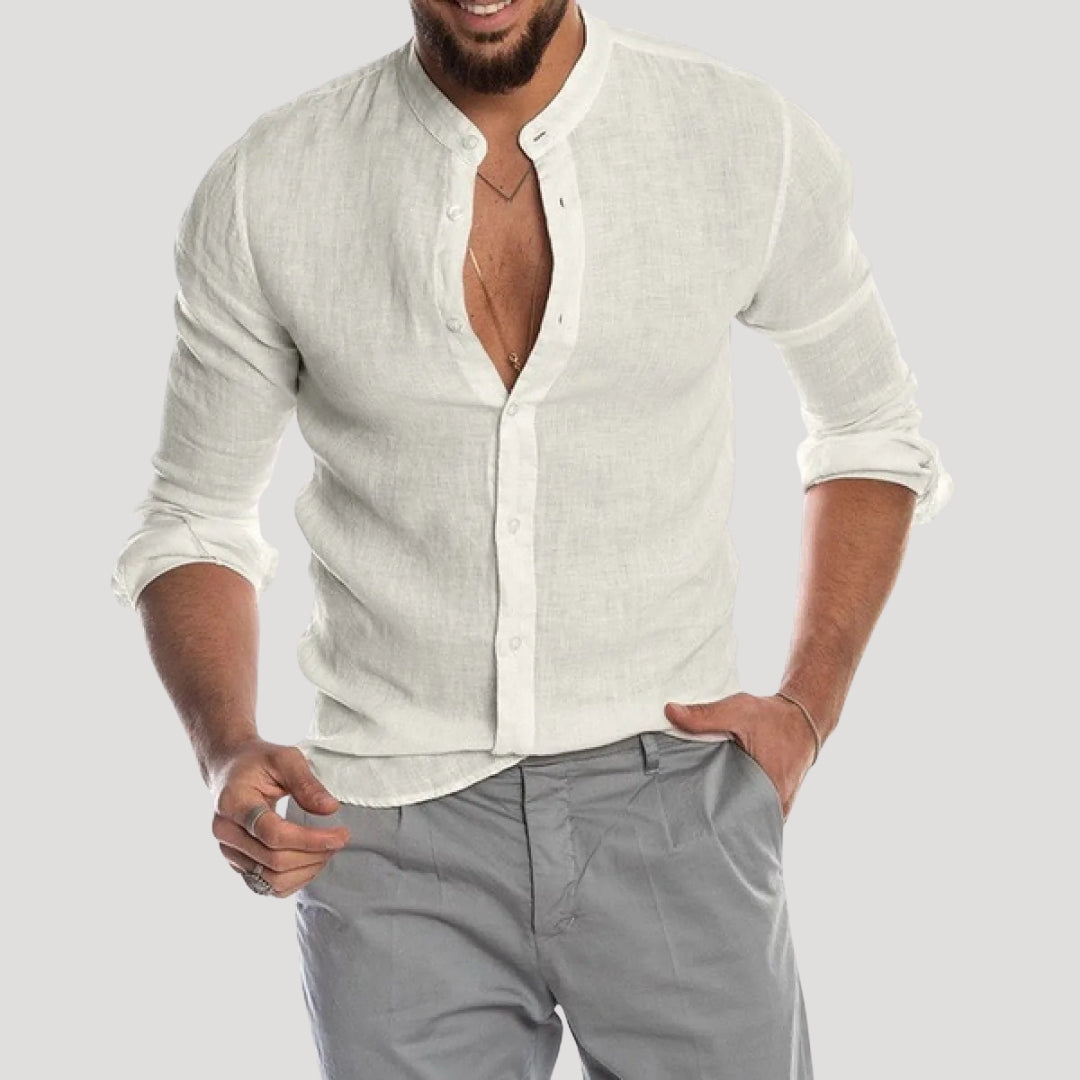 Men's Linen Long Sleeve Shirt | Men | Lightweight Breathable Collarless Button-Up | Casual Relaxed Fit | Steven & Levon