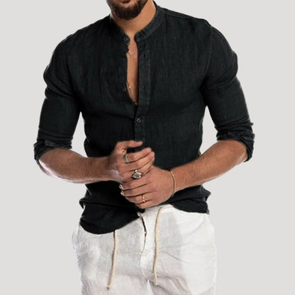 Men's Linen Long Sleeve Shirt | Men | Lightweight Breathable Collarless Button-Up | Casual Relaxed Fit | Steven & Levon
