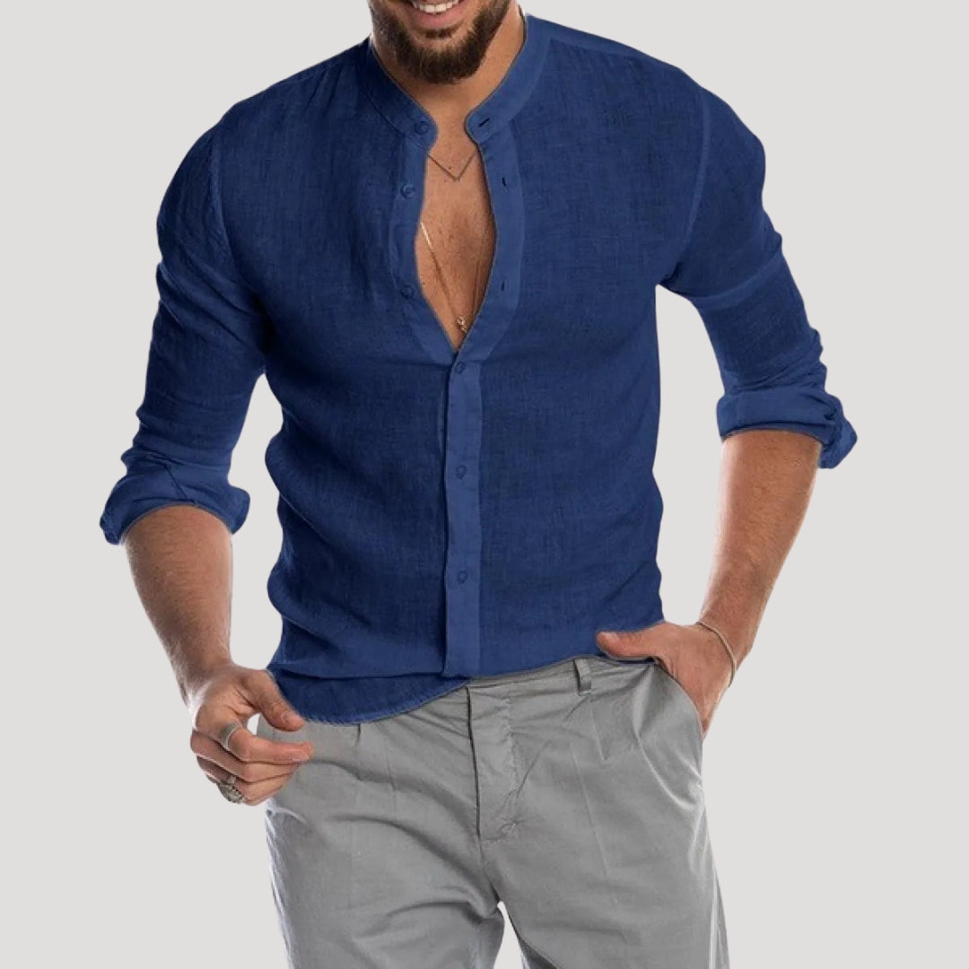 Men's Linen Long Sleeve Shirt | Men | Lightweight Breathable Collarless Button-Up | Casual Relaxed Fit | Steven & Levon