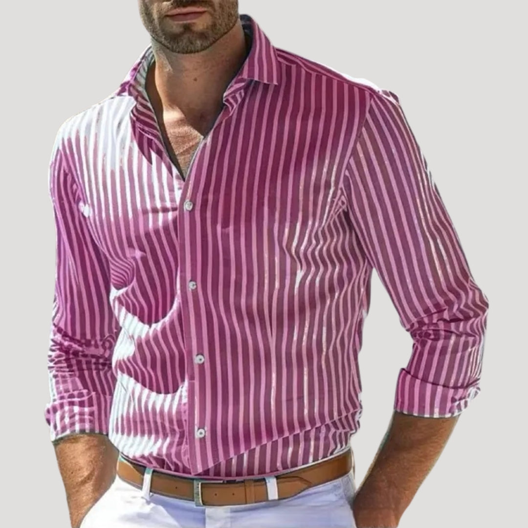 Men's Striped Linen Long Sleeve Shirt | Breathable Button-Up Casual Shirt | Lightweight Summer Wear | Steven & Levon