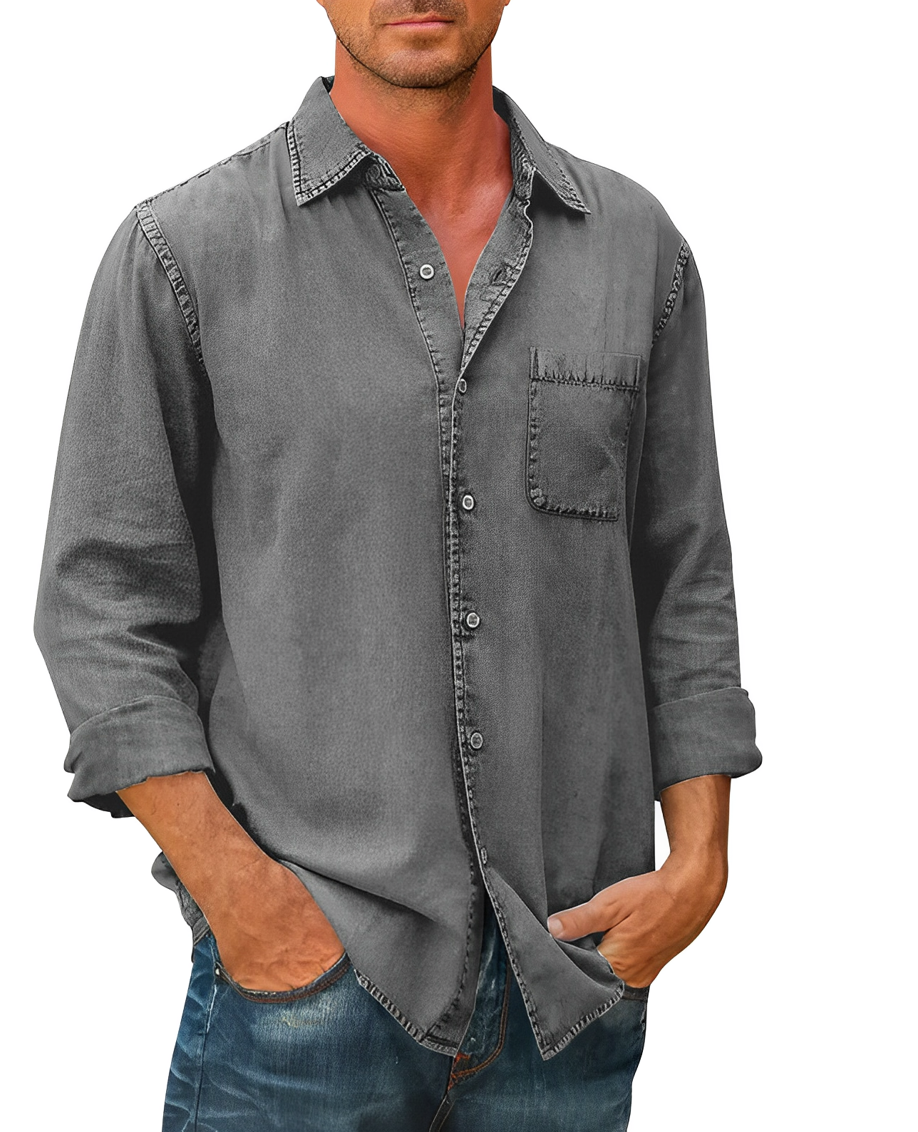Men’s Long Sleeve Denim Shirt | Men | Cotton Denim Button-Up Shirt | Steven & Levon